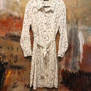 White Long Sleeve Shirt Dress with Gold Heart Print